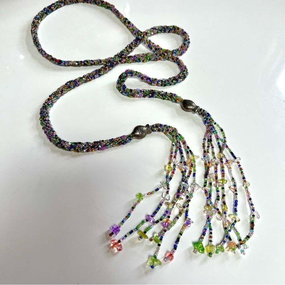 Vintage Tropical Rainbow Hand Beaded Lariat Fringe Necklace / Tie Belt